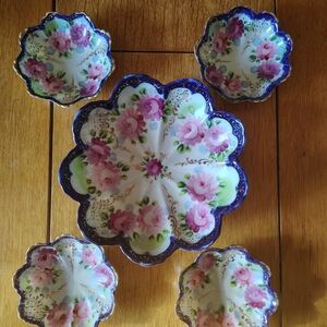 Antique European Hand Painted Porcelain Berry Set Cobalt Blue Gilt Roses